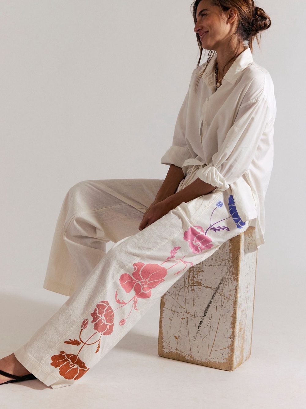 Anthropologie White Wide-Leg Drawstring Pants with Pink & Brown Floral Print - Picture 4 of 4